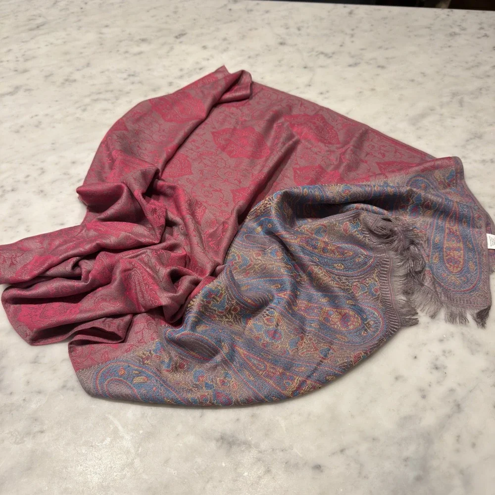 Paisley Shawl Scarf‎ Wrap Large Pink Blue Gold Metallic Fringe
